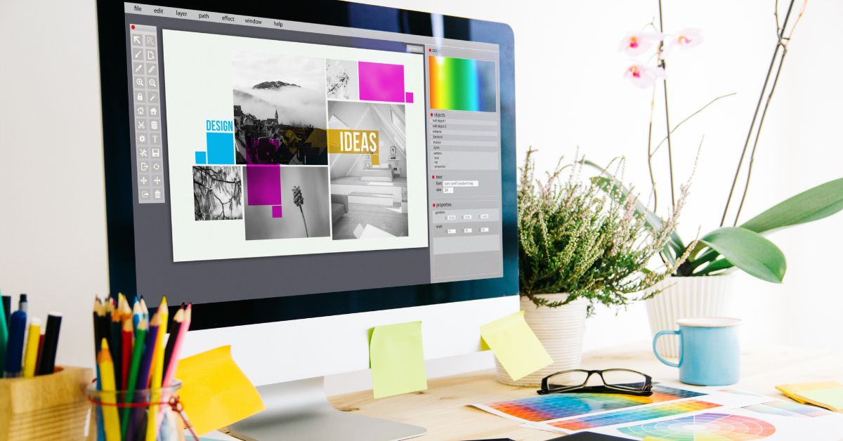 An iMac desktop monitor displaying a colorful graphic design workspace software layout with color palettes and various design ideas on a white desk.
