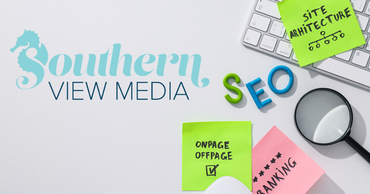 A white desk workspace featuring sticky notes with hand-written SEO concepts, colorful 3D letters spelling out SEO, a magnifying glass and a keyboard.